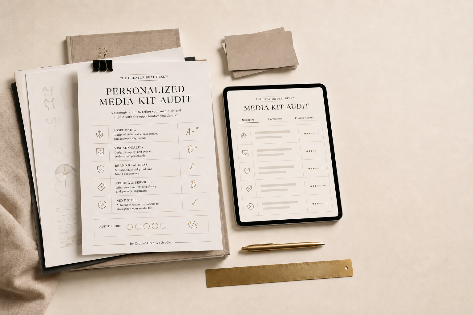 A luxury editorial workspace arranged around a personalized media kit audit.
